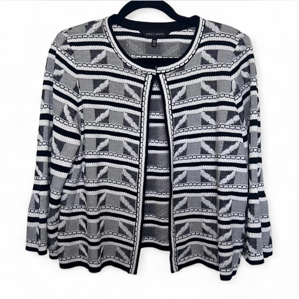 Ming Wang Petite Medium Black White Knit Sweater Jacket Cardigan Top